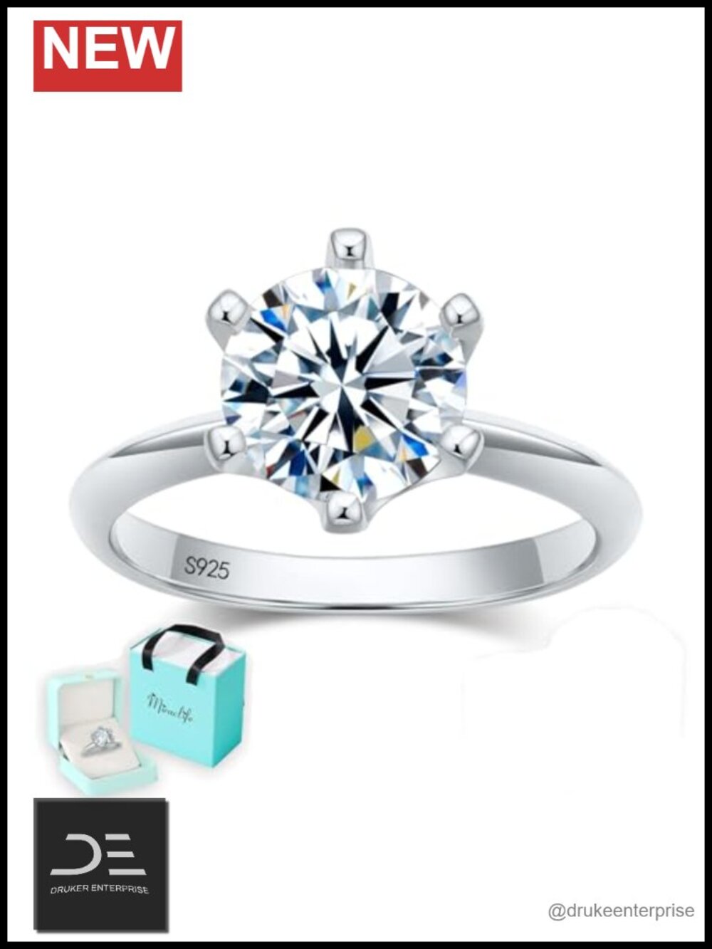 2CT Moissanite Engagement Ring 925 Sterling Silver White Gold Plated